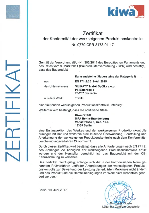 Certyfikat zgodności zakładowej kontroli produkcji KIWA nr 0770-CPR-8178-01-17