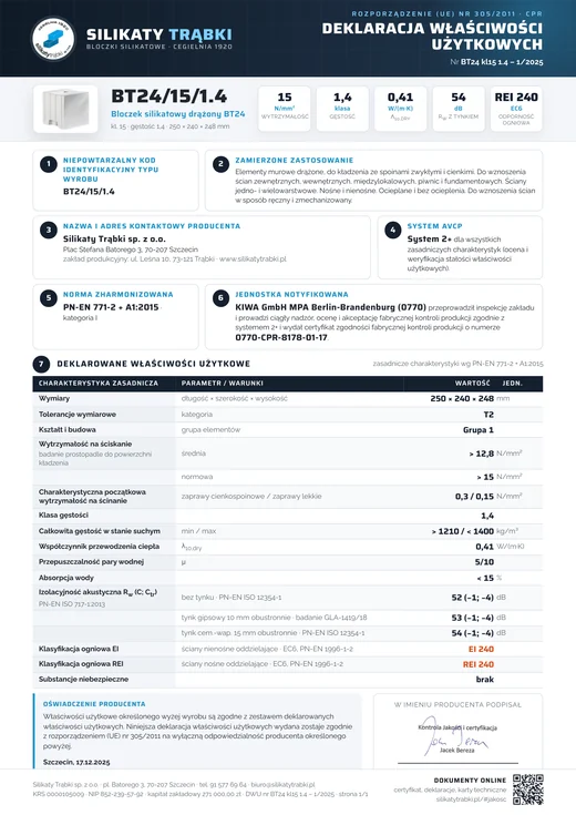 Deklaracja właściwości użytkowych bloczka BT24 – Silikaty Trąbki